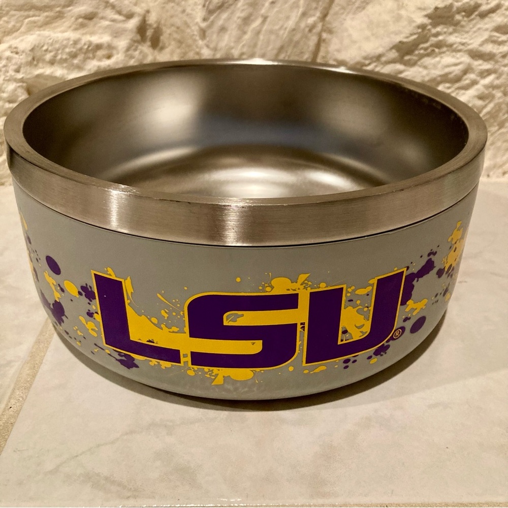Gametime Sidekicks brand LSU pet bowl. 3.5” deep, 8” wide bowl